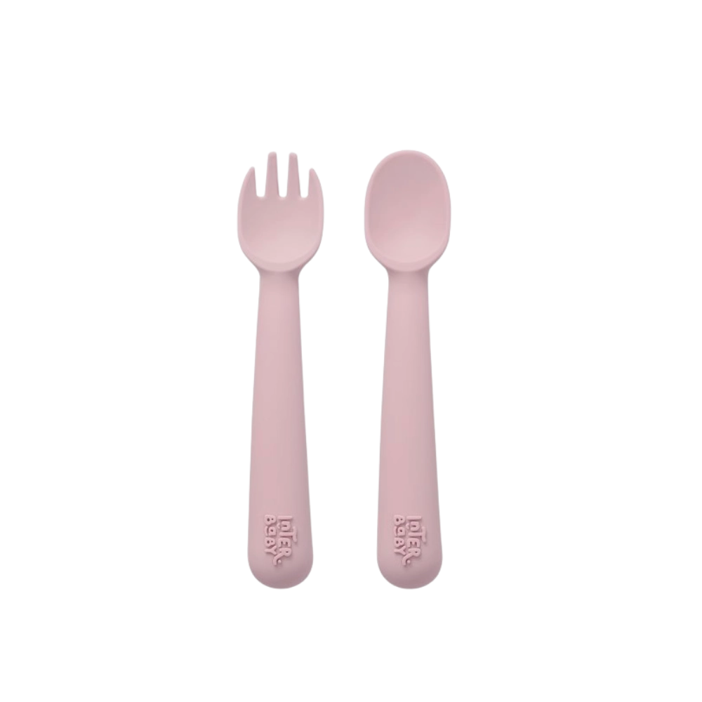 pack cuchara y tenedor de silicona rosa