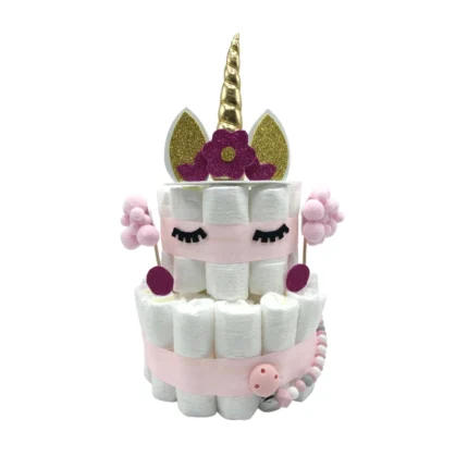 tarta de pañales rosa con motivo de unicornio
