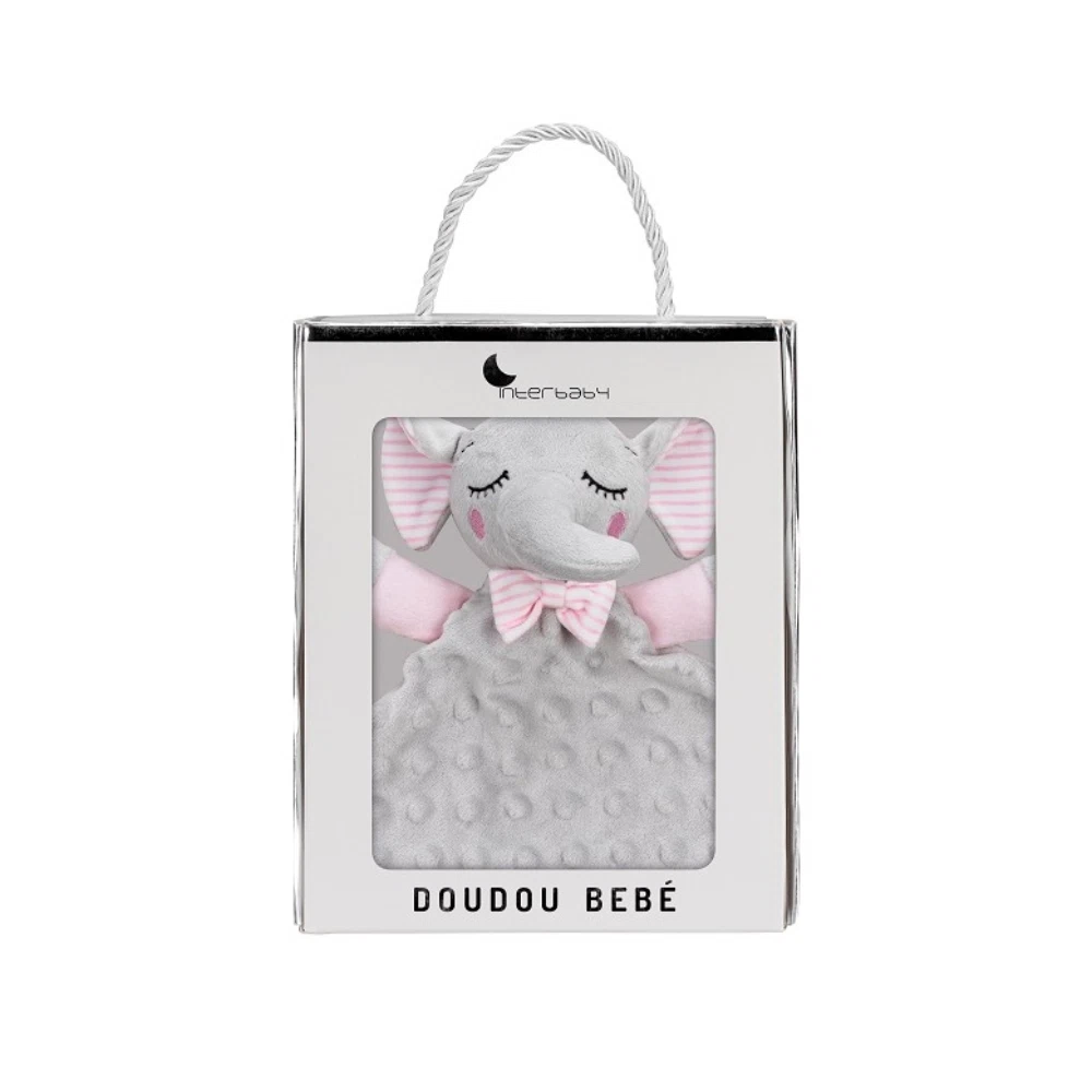 caja de regalo con doudou elefante rosa interbaby